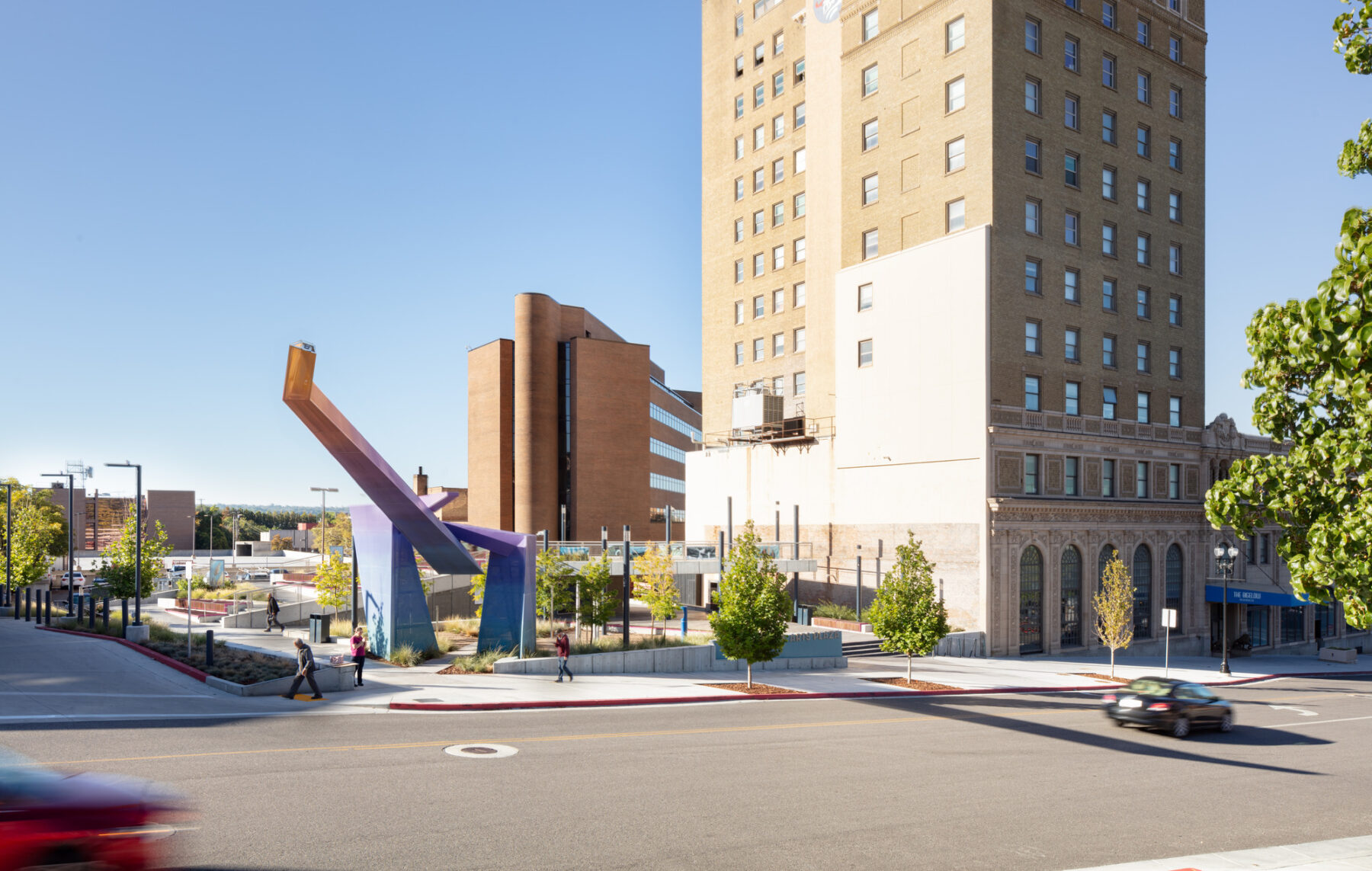 daytime photograph of dumke arts plaza viewing from across the street