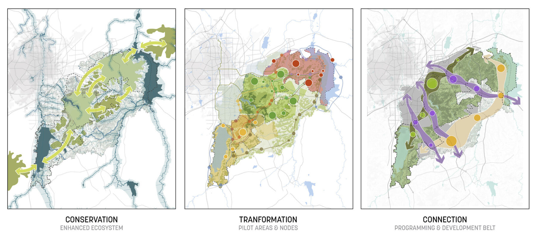 Diagram and renderings of large-scale park master plan in China