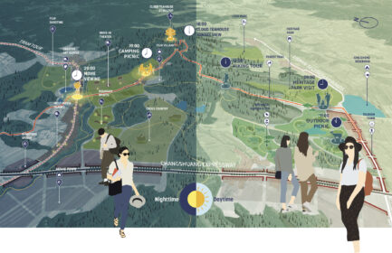 Diagram and renderings of large-scale park master plan in China