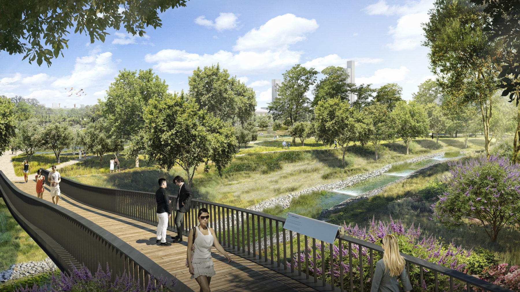 Rendering of a pedestrian bridge over a streambed. People walk across the bridge.