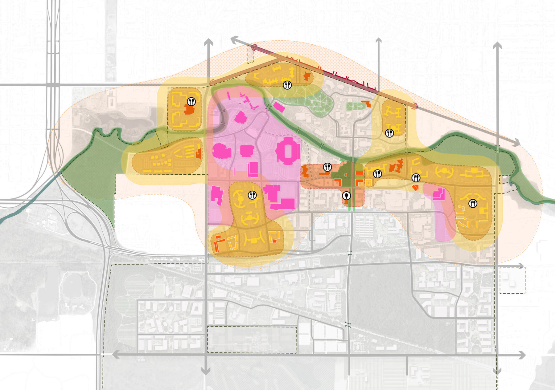 Diagram of campus map with zones highlighted in bright colors to show campus nodes