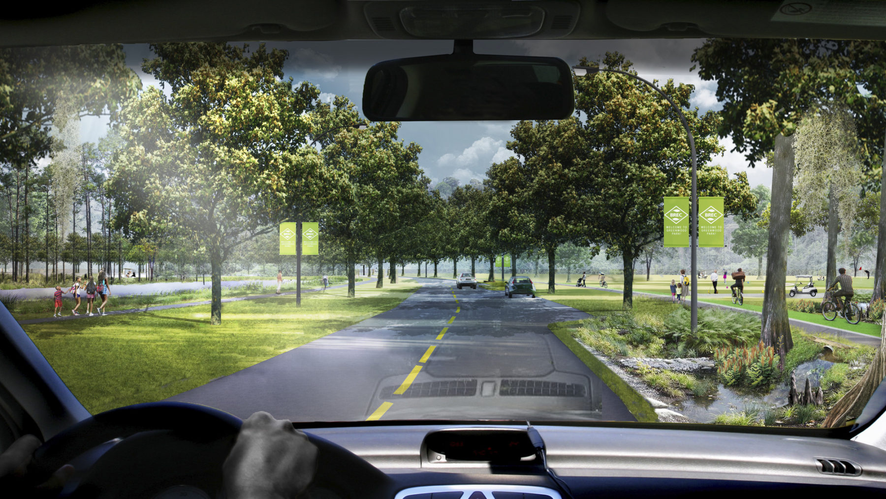 Rendering from the perspective of a car on the entry road with oak trees