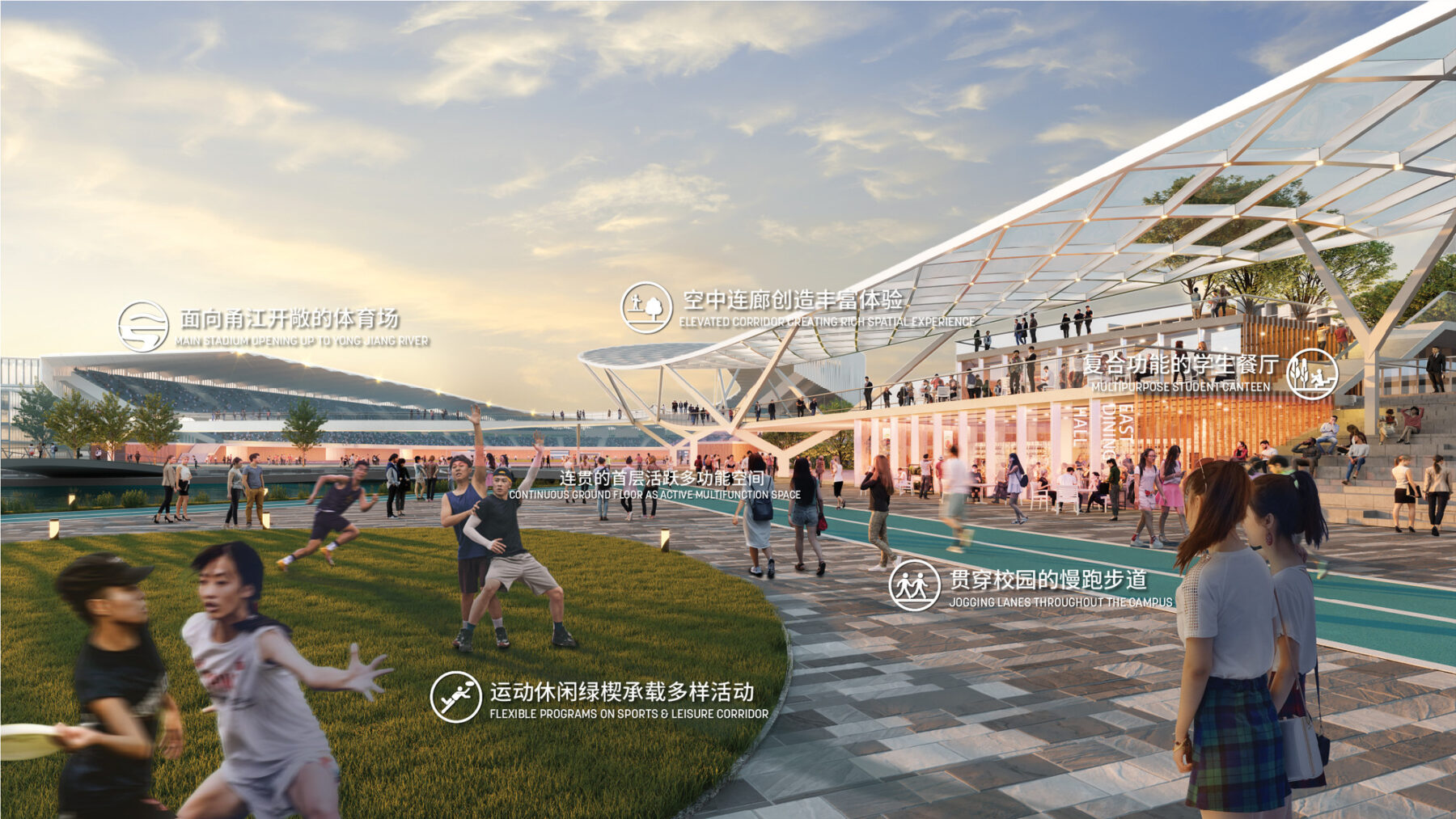 rendering of students walking along EIT walk with recreational facilities along corridor