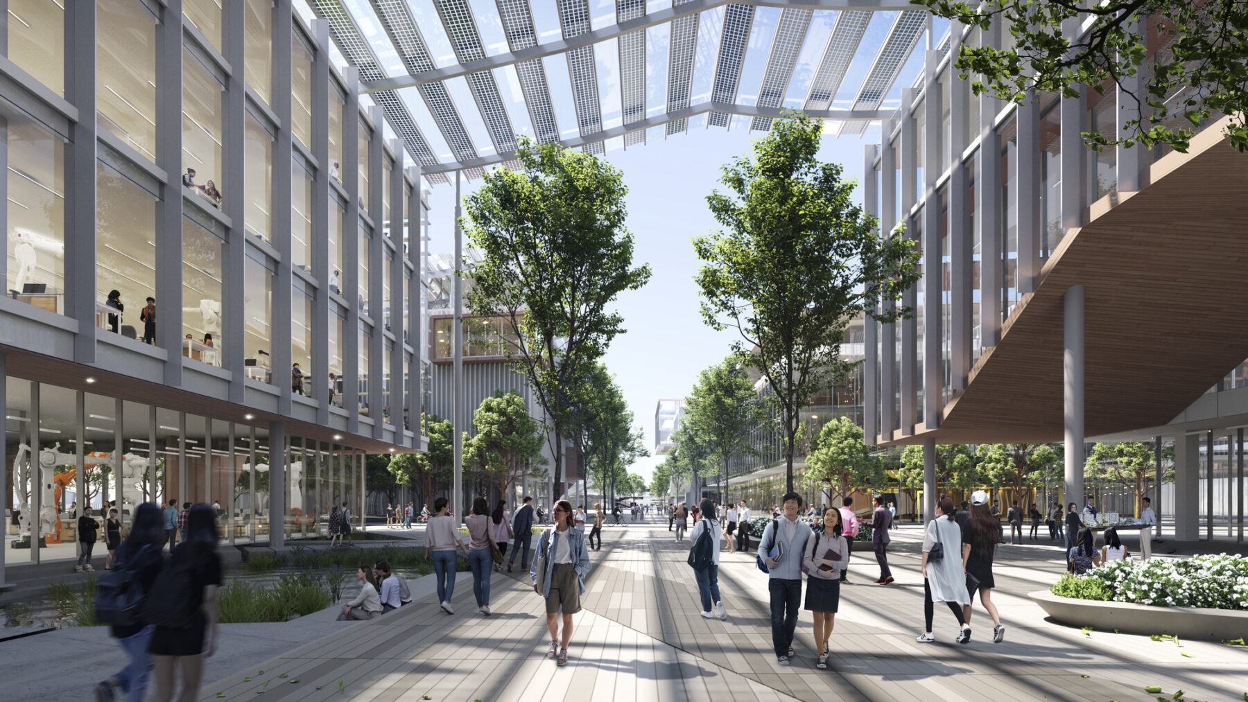 rendering of students walking along EIT walk under shade structure