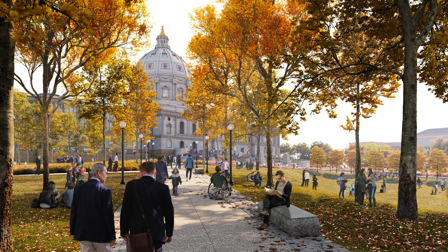 rendering of new central promenade offers connections to view major monuments and gardens while providing direct access into the Lower Mall Central Spine