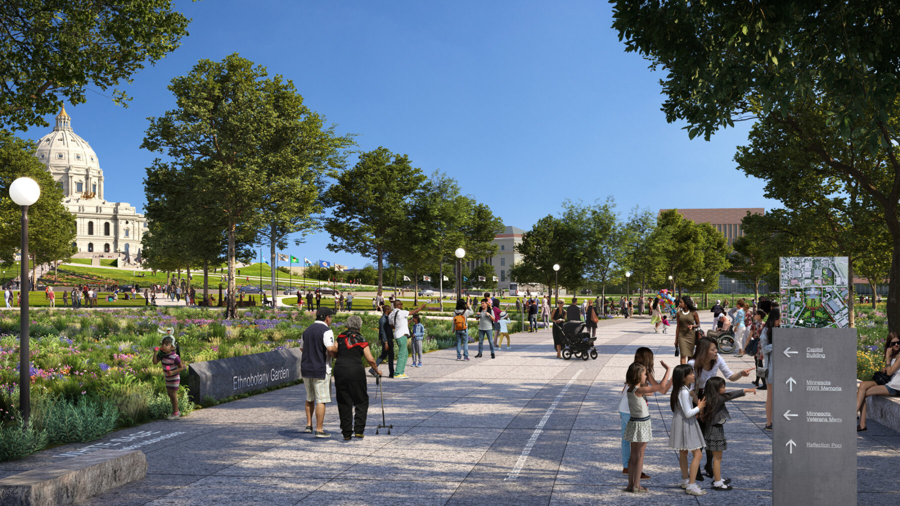 rendering of New pedestrian pathways link the capitol’s Aurora promenade to the adjacent MLK Commons