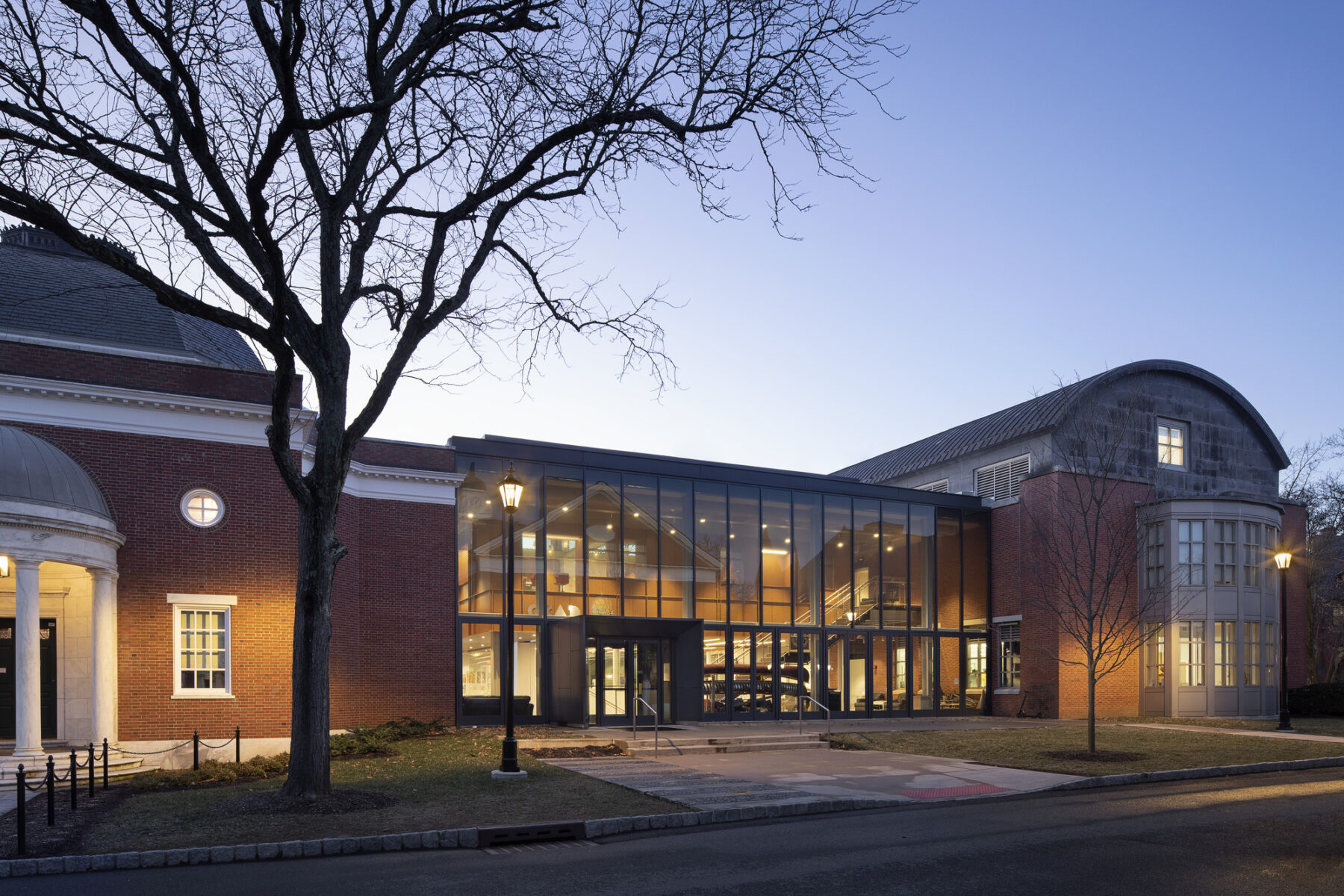 Exterior photo of building at dusk