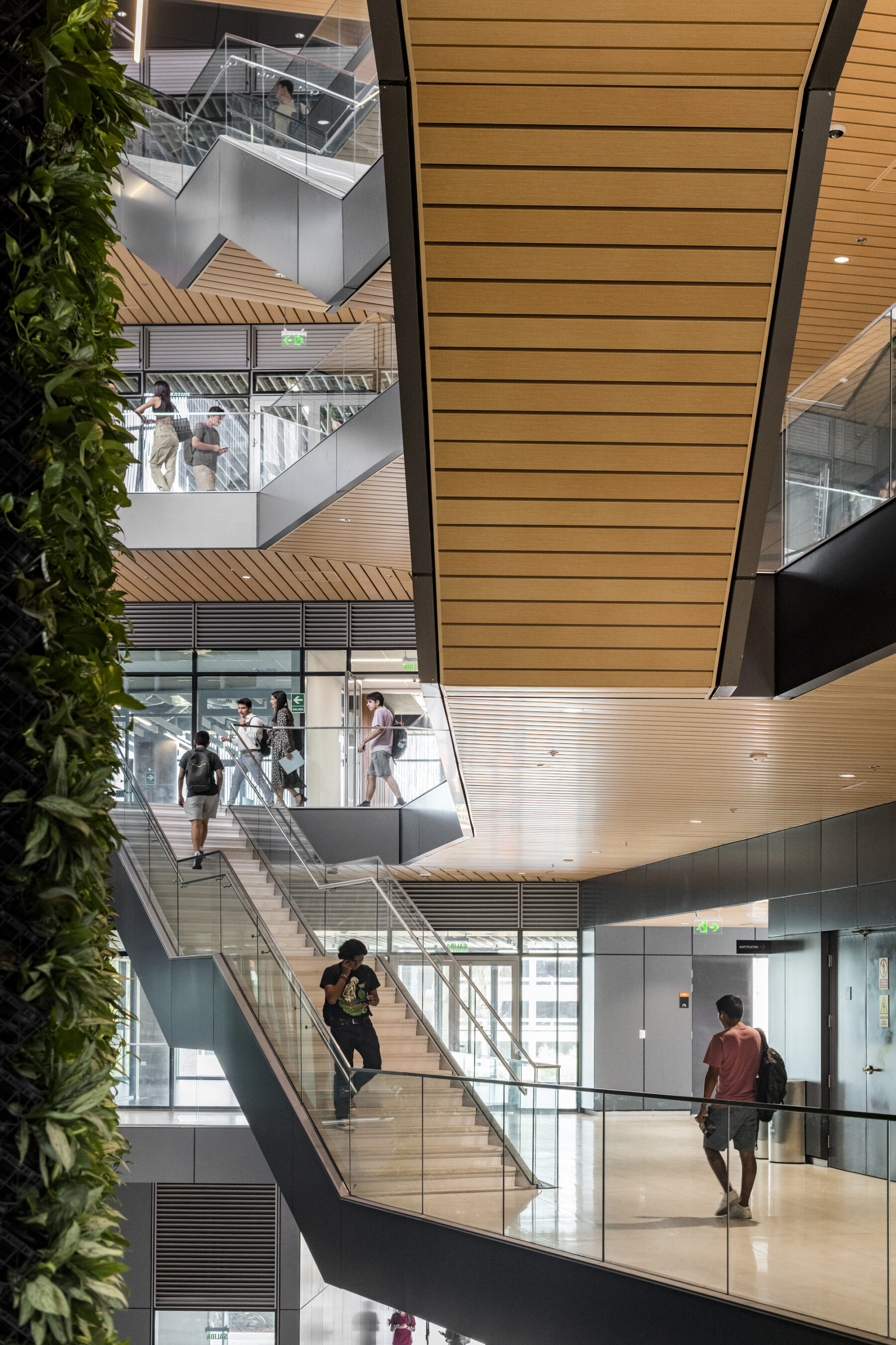 photograph of central atrium of innovation center with suspended staircases