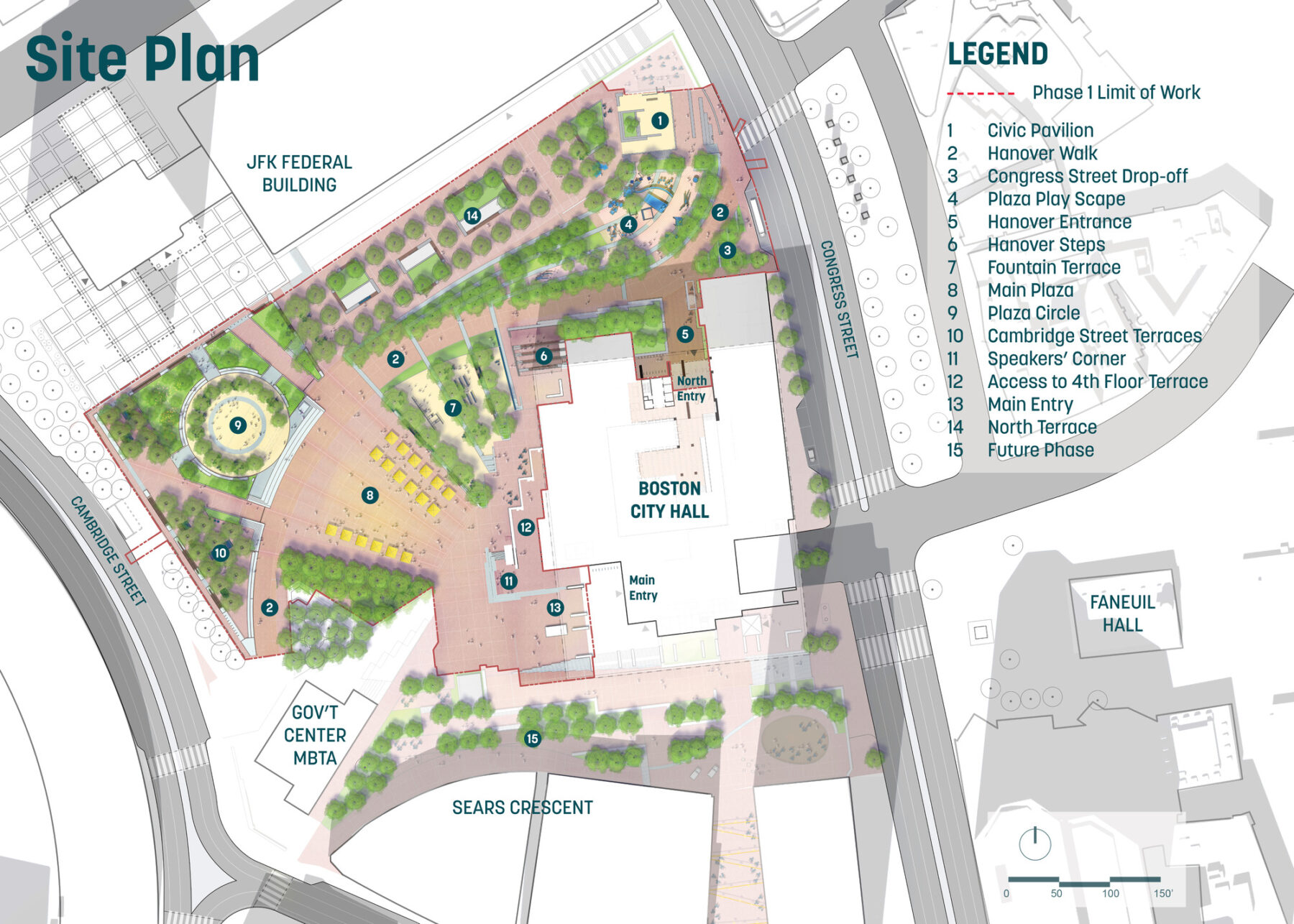 illustrated site plan of phase 1 of the Boston City Hall Plaza renovation