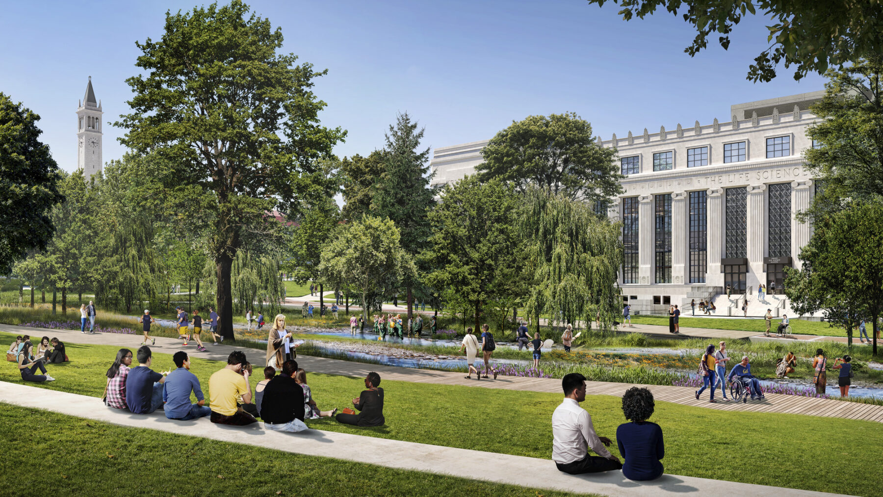 rendering of students on campus lawn near strawberry creek