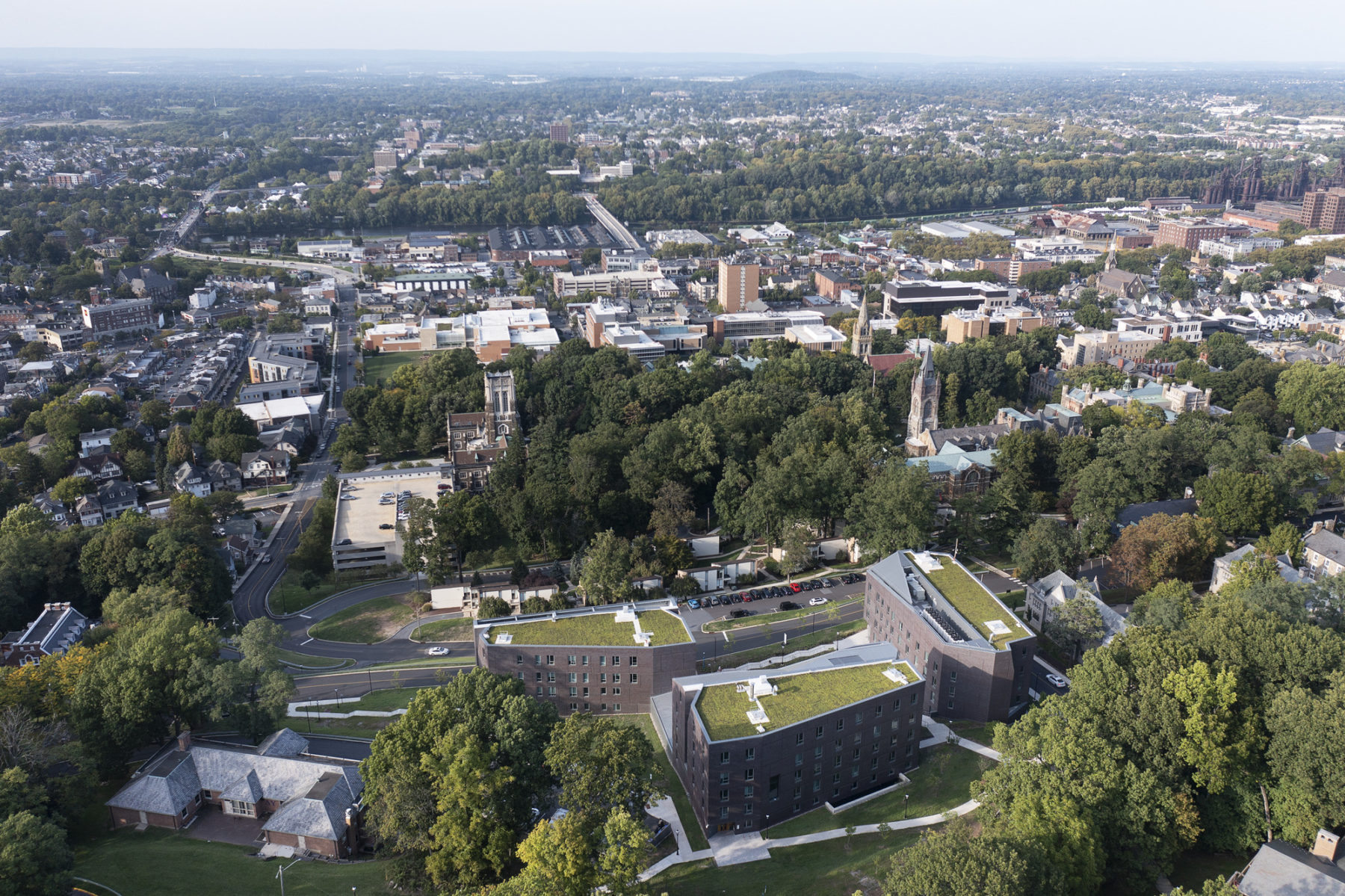 aerial photo of building overlooking campus