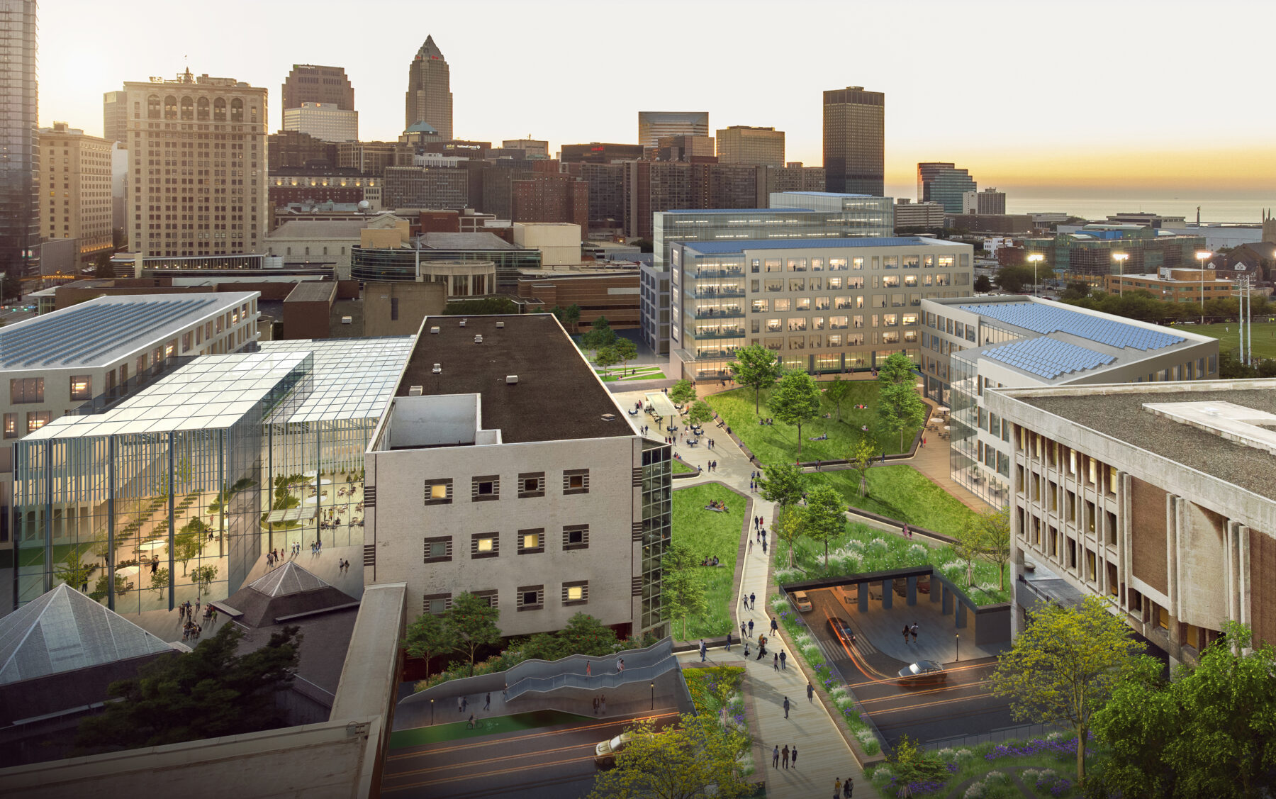 Rendered image showing aerial view into the quad and new campus core